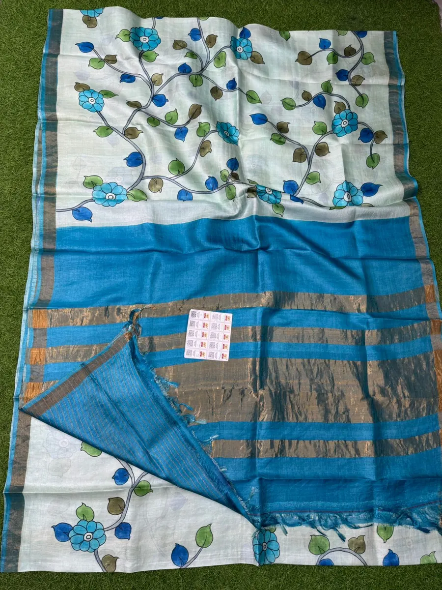 Pure Handloom Tussar Silk Hand Painted Pen Kalmakari Saree